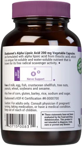 Vista 3 de Bluebonnet Ácido alfa lipoico de 200 mg – Potente suplemento antioxidante de apoyo nervioso – Para mujeres y hombres diario – Sin OMG, vegano