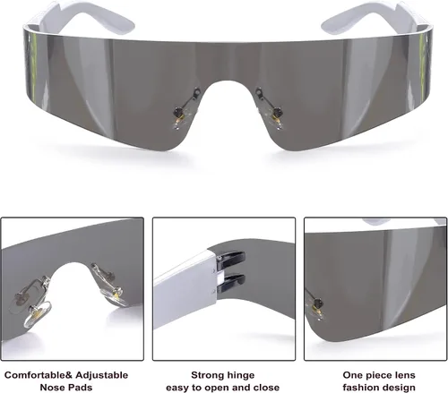 Vista 3 de Crazy Feng Gafas de sol envolventes futuristas sin montura para mujeres y hombres, gafas de sol Cyberpunk con visera
