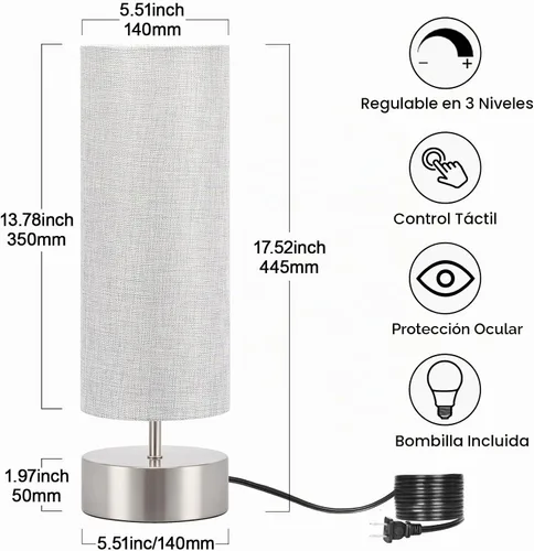 Vista 2 de Lámpara táctil de noche, lámpara de mesa de control táctil de 3 vías Sombra gris con base plateada
