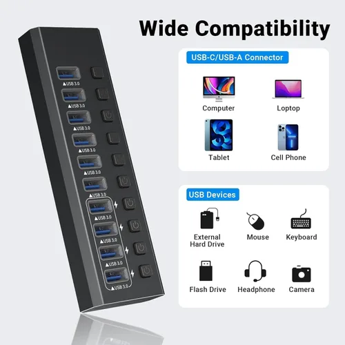 Vista 5 de Hub USB 3.0 alimentado de aluminio de 10 puertos USB 3.0 Hub de datos con adaptador de corriente de 12V/4A (48W) e interruptores individuales