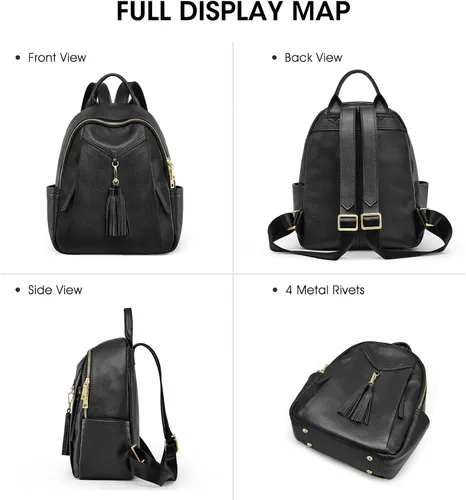 Vista 5 de Kattee Mochila de cuero genuino para mujer, suave, casual, bolsa de viaje de moda con cartera de muñeca, Negro