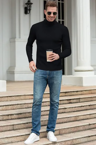 Vista 6 de QZH.DUAO - Suéteres informales de cuello alto para hombre, diseño entallado de punto trenzado, manga larga, sin botones