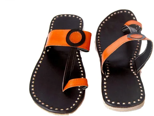 Vista 2 de Zenith_Pantuflas de cuero hechas a mano para mujer, sandalias de cuero hechas a mano (negronaranja)