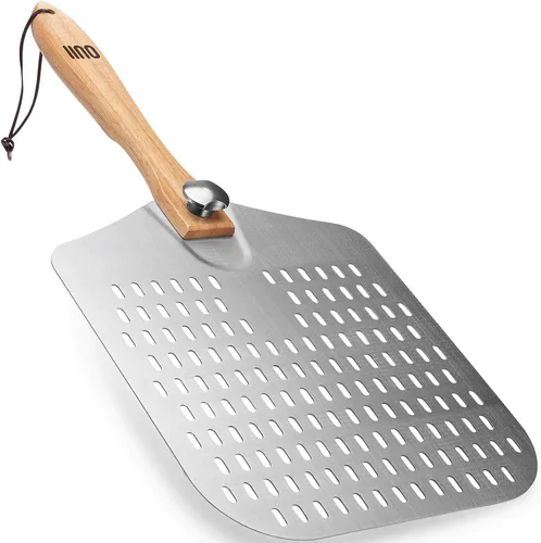 Vista 7 de Pala de Pizza Perforada de 12 x 14 Pulgadas. - Espátula de Metal de Aluminio para Parrilla con Mango Plegable. Accesorios y Herramientas para Horno