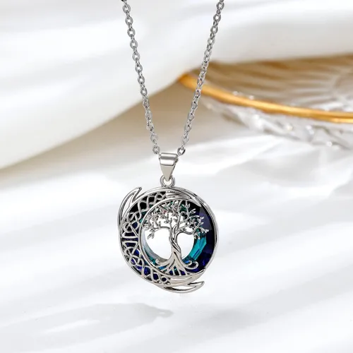 Vista 6 de Kattepote Moon Tree of Life Necklace S925 Sterling Silver Crystal Tree of Life Pendant Necklace Celtic Knot Full Moon Tree of Life Women's Jewellery