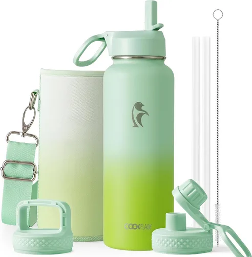 Vista 115 de Coolflask Botella de agua de 24 onzas aislada con pajilla, 3 tapas de metal de acero inoxidable, botella de agua de boca ancha para deportes u