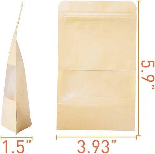 Vista 2 de Bolsas de papel kraft de pie 100 unidades, bolsas resellables marrones con ventana para el hogar o negocios, café, bolsas de almacenamiento