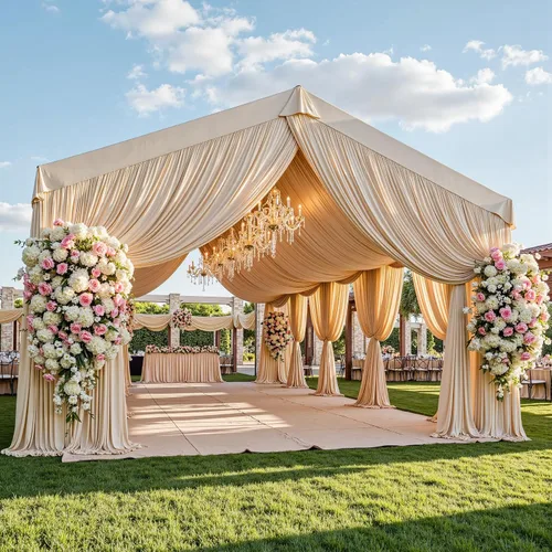 Vista 24 de Cortina de techo beige de 20 x 40 pies para bodas, 4 paneles sin arrugas, 40 pies de largo, cortinas drapeadas para bodas, cumpleaños y fiestas