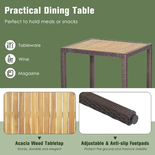 Vista 5 de COSTWAY Juego de comedor de mimbre para patio, mesa de madera de acacia con sillas acolchadas para jardín