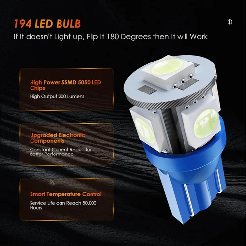 Vista 3 de JWCARO Bombilla LED 194, color azul hielo T10 168 2825 W5W 5050-5SMD, bombillas de repuesto para cúpula de automóvil, mapa, puerta de lectura