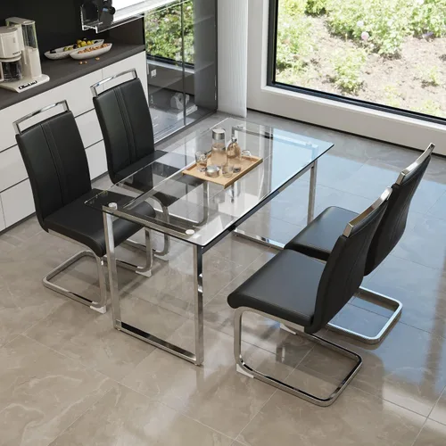 Vista 20 de Juego de mesa de comedor de cristal moderno para 4, juego de mesa de cocina rectangular, juego de mesa de comedor de 5 piezas con 1 mesa de vidrio