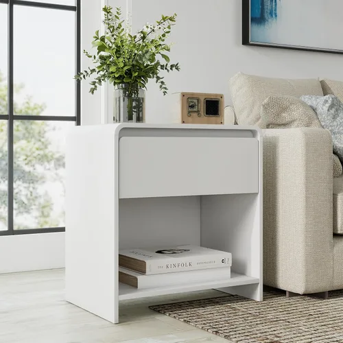 Vista 12 de Juego de 2 mesitas de noche de madera, moderna mesita de noche con diseño de rejilla, mesa auxiliar con 2 cajones de almacenamiento para sala