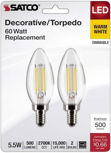 Vista 3 de Satco 21827-5.5B11/LED/927/CL/120V/E12/2CD Decorativa (S21827) Bombilla LED de punta roma