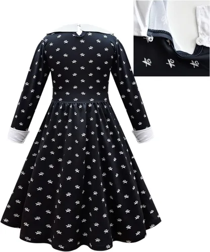 Vista 4 de Wednesday Addams - Vestido de disfraz para niñas, disfraz negro de la familia Addams, disfraz para niños, Halloween, terror, cosplay