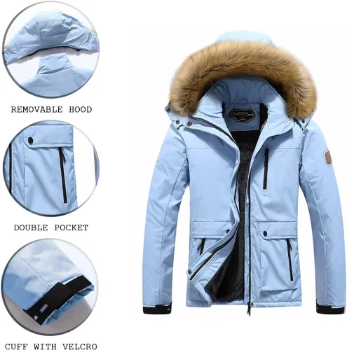 Vista 5 de MOERDENG Chaqueta de esquí impermeable para mujer, abrigo de nieve con capucha para invierno, chaqueta de esquí resistente al viento para mujer