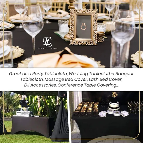 Vista 4 de Mantel rectangular de lino de elastano de 8 pies, funda ajustable para mesa plegable de 8 pies, ropa de cama de boda, paños de banquete, fundas