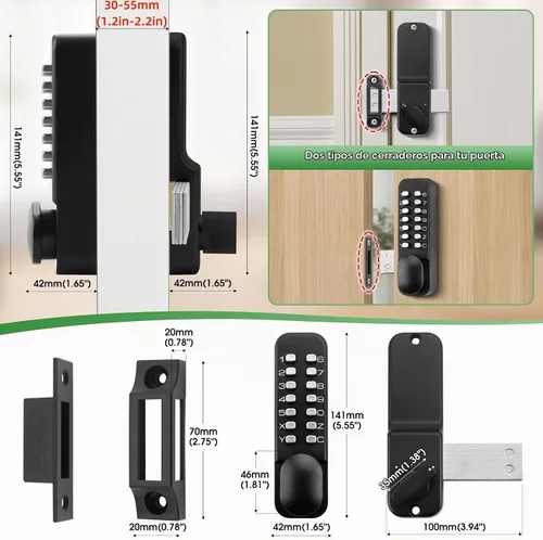 Vista 2 de Cerradura mecánica de puerta de entrada con teclado de un solo lado Negro mate