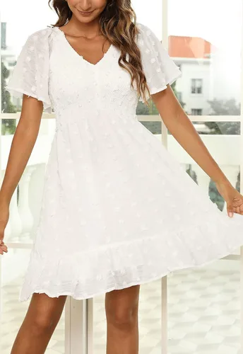 Vista 4 de Annebouti Vestido de verano 2024 para mujer, manga cortalarga, dobladillo con volantes, cuello en V y lunares suizos