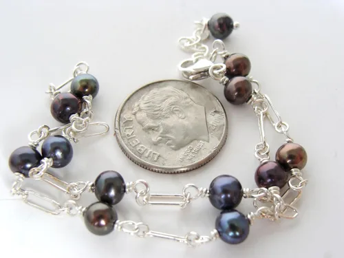 Vista 4 de Genuine Black Pearl Sterling Silver Anklet: handmade, dainty, adjustable length 9-10 inches