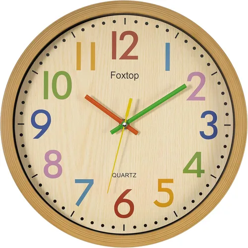 Vista 14 de Foxtop Silent Kids - Reloj de pared de aprendizaje de 12 pulgadas, sin tictac, funciona con pilas, colorido reloj para niños