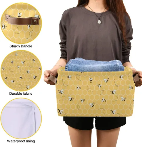 Vista 7 de Cesta de almacenamiento en cubo amarillo con peine de abeja y miel, caja de almacenamiento plegable grande para juguetes, organizador de lavandería