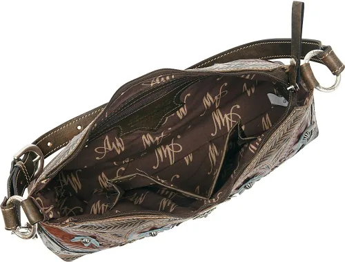 Vista 4 de American West Hand Tooled Handcrafted 100% Genuine Leather Zip-Top Shoulder Bag Desert Wildflower Collection Western Marrón