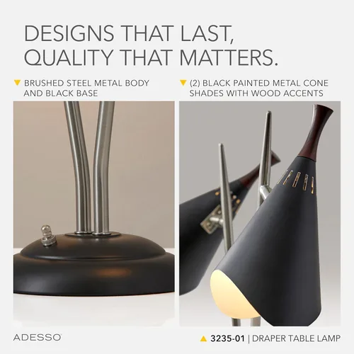 Vista 4 de Adesso 3235-01 Draper Lámpara de escritorio, 22 in., 2 x 60W incandescente/2 x 13W CFL, acero cepillado/pintado negro con acento de madera, 1