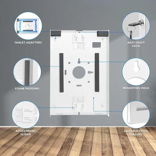 Vista 5 de Mount-It! Soporte de pared antirrobo para tablet, soporte de perfil bajo con candado de acero seguro, soporte de tablet con candado para iPad Blanco