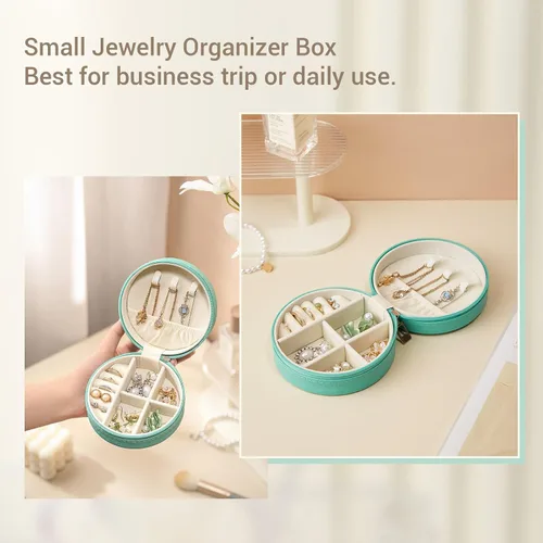Vista 4 de CASEGRACE Joyero de viaje, pequeño joyero para mujer, mini organizador de joyas portátil con cremallera para anillos, aretes, collares, pulseras