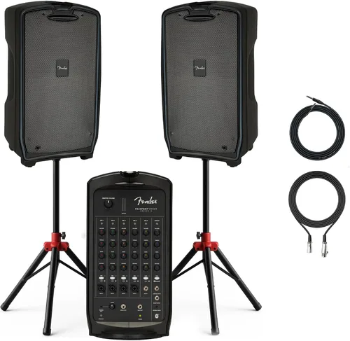 Vista 12 de Fender Paquete de sistema PA portátil Passport Conference S2 con kit de micrófono, soportes de altavoz compactos y cable de instrumento