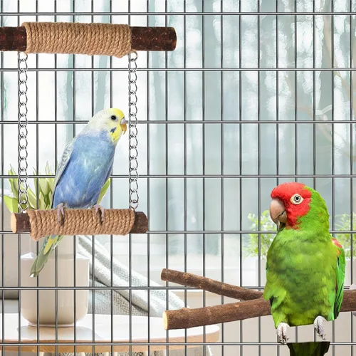 Vista 2 de Perchas para pájaros de 7 piezas para jaula, soporte de madera para loros con tenedor, plataforma colgante de múltiples ramas, columpio para hamaca