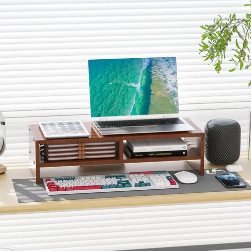 Vista 7 de Soporte elevador para monitor con almacenamiento, organizador de escritorio de 2 niveles y estante de madera de escritorio, soporte ergonómico