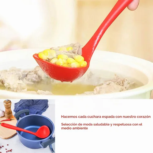 Vista 6 de Juego de 2 cucharones de silicona para sopa, antiadherentes, resistentes al calor, mango largo, irrompible, grande, redonda, para cocina en casa