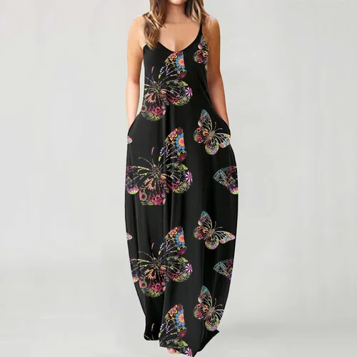 Vista 2 de HOOA Vestido largo sin mangas con tirantes delgados para mujer vestido largo de verano casual cuello redondo estampado vestido de playa con vuelo