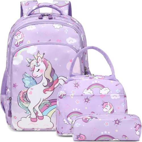 Vista 26 de Juego de mochila para niñas y adolescentes, mochila escolar para niños con bolsa para el almuerzo, estuche para lápices, mochilas escolares