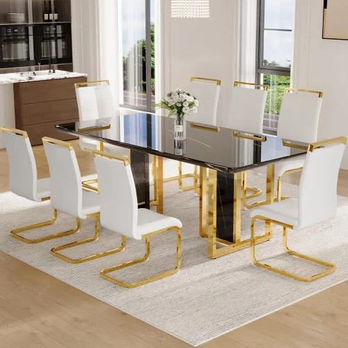 Vista 12 de Juego de mesa de comedor de mármol negro dorado de 79 pulgadas para 8 Sillas negras+oro