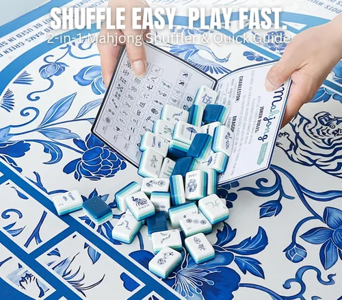 Vista 6 de Juego de azulejos Mahjong acrílicos grabados de 4 capas, 160 piezas con azul (04-Chinoiserie-Blue)