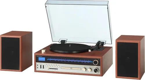 Vista 7 de Crosley Sistema de tocadiscos 1975T con Bluetooth, CD, AM/FM y altavoces incluidos, nogal