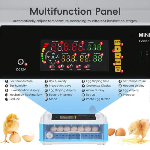 Vista 5 de 64 Egg Incubator, Automatic Incubator for Hatching Eggs with Auto Egg Turner, Temp & Humidity Control, Poultry Hatching Incubators for Chicken