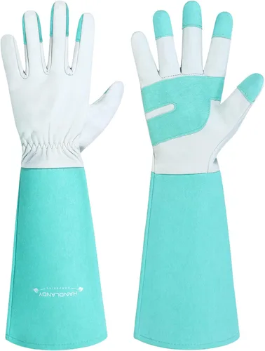 Vista 10 de HANDLANDY Guantes de poda largos para hombres y mujeres, de piel de cerdo, guantes de jardinería de rosas, guantes transpirables y duraderos