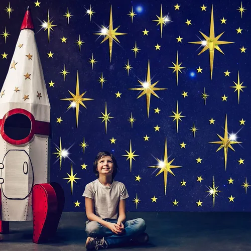 Vista 4 de Pegatinas de pared de espejo con estrella dorada, calcomanías acrílicas 3D removibles con estrellas adhesivas, espejo de estrella en explosión
