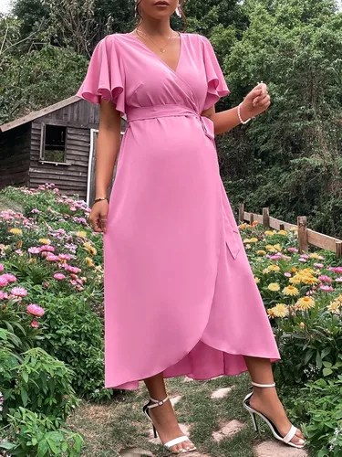Vista 3 de Verdusa Vestido largo cruzado de maternidad para mujer, manga de mariposa, acampanado, con cinturón
