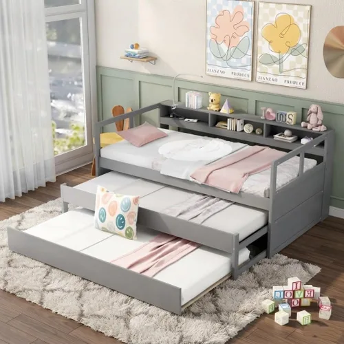 Vista 10 de SOFTSEA Sofá cama individual con nido, marco de cama de día extensible individual a King, no necesita somier (gris)
