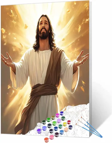 Vista 11 de Everyone Gathered Around Jesus - Pintura por números para adultos, principiantes, niños, kit de pintura al óleo sobre lienzo con pinceles, pigmento