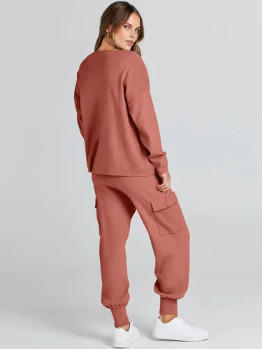 Vista 5 de ANRABESS Conjuntos de dos piezas para mujer, conjuntos de suéter de punto de manga larga, sin botones, pantalones cargo para correr, conjunto a
