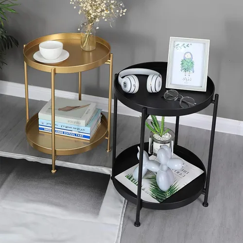 Vista 8 de Mesa auxiliar redonda, bandeja de metal negro de 2 niveles, mesa auxiliar de metal para sofá, sala de estar, mesa de té, espacios pequeños
