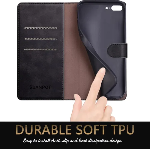Vista 5 de SUANPOT Funda de piel tipo libro con tapa para iPhone 7 Plus/8 Plus de 5.5 pulgadas con bloqueo RFID, soporte para tarjetas de crédito, funda a Negro