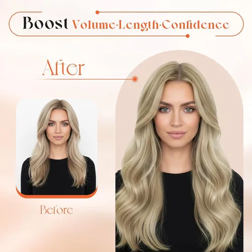 Vista 6 de Sunny Hair - Extensiones de clip de cabello humano - rubio claro mezclado con reflejos rubio dorado - 12 pulgadas, 5 unidades, 2.82 onzas Blonde