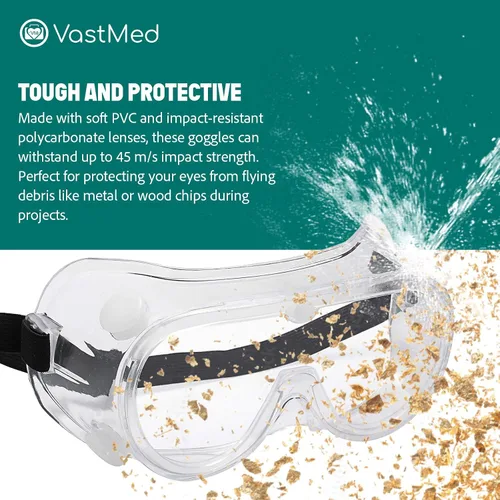 Vista 4 de Gafas de seguridad protectoras antivaho con lente transparente de visión amplia, ajustables para el polvo que se ajustan sobre las gafas