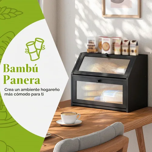 Vista 2 de BMOSU Panera grande de doble capa para encimera de cocina, almacenamiento de madera de bambú (negro)